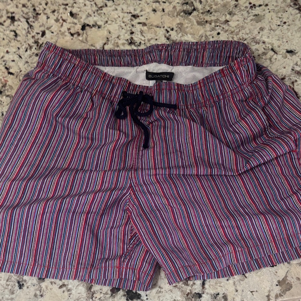 Bugatchi Multistripe Swim Shorts in Pink, Blue & White
